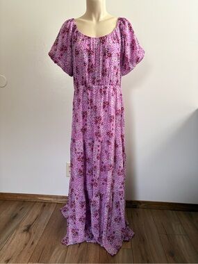 Draper James RSVP M Tired Maxi Floral Chiffon Short Puff Sleeve Purple/Pink/Red